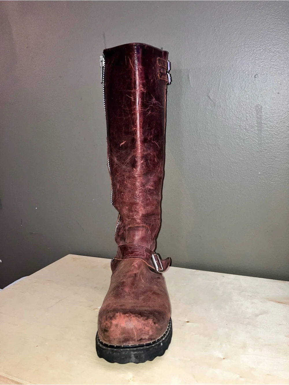 John Fluevog Bond Girl Tall Buckle Boots — Wine